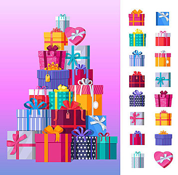 礼盒,矢量,一堆,礼物,多样,鲜明,条纹,斑点,盒子,系,彩色,带,包装,惊讶,插画,装饰,管理,广告