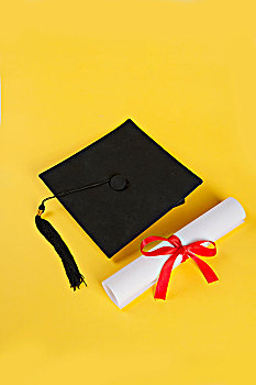 黄色背景下的学士帽,毕业证书