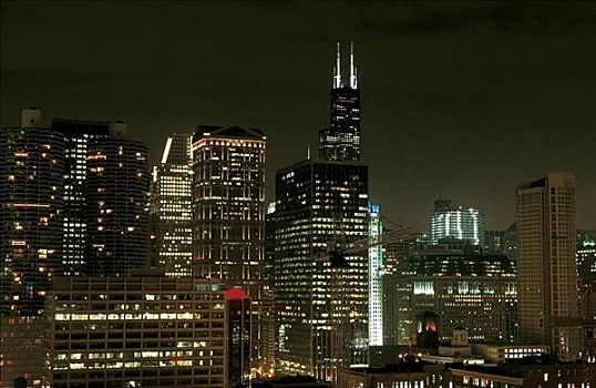 高层建筑,夜晚,芝加哥,伊利诺斯,美国,北美,天际线