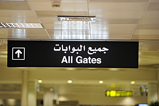 标识,离开,大门,文字,英国,阿拉伯,多哈,国际,机场,卡塔尔,亚洲