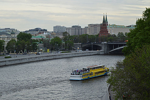俄罗斯,莫斯科,船,莫斯科河,晚上,背景,克里姆林宫