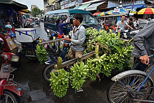 香蕉,销售,摩托车,市场,金边,柬埔寨,亚洲