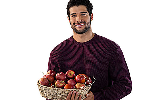 头像,微笑,男人,拿着,篮子,苹果,白色背景