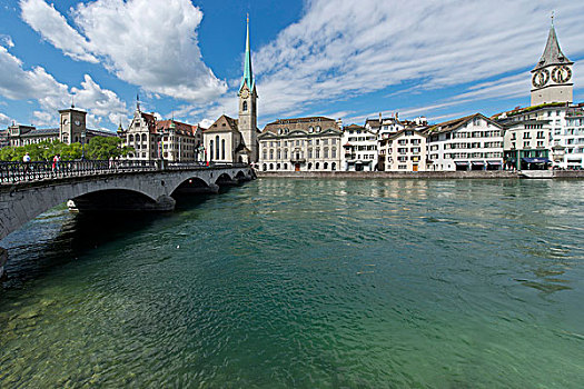 桥,教堂,利马特河,苏黎世,瑞士,欧洲
