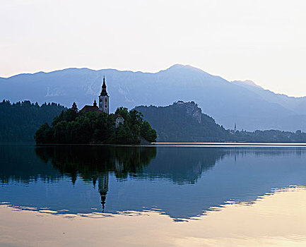 教堂,岛屿,黄昏,布莱德湖,朱利安阿尔卑斯,斯洛文尼亚