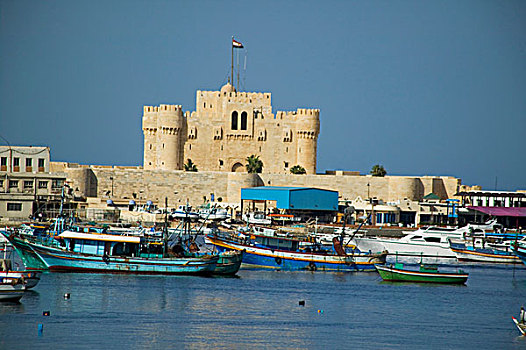 堡垒,地中海海岸,亚历山大,埃及,前景,鲜艳,渔船