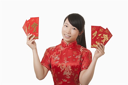 中国人,女人,拿着,红色,信封,给,礼金