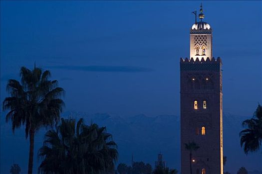 摩洛哥,玛拉喀什,库图比亚清真寺,清真寺,尖塔,夜晚