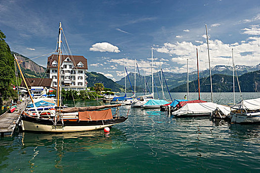 码头,韦吉斯,琉森湖,瑞士,欧洲