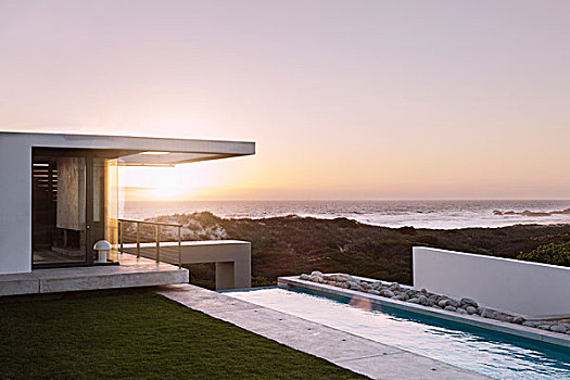 现代住宅,远眺,海洋,日落