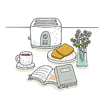 插画,烤面包机,咖啡杯