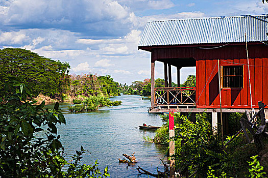 高脚屋,岛屿,湄公河,柬埔寨,老挝,边界