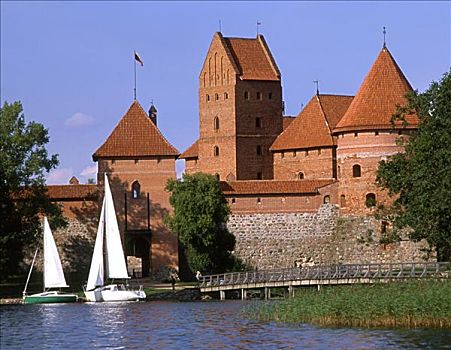帆船,湖,正面,城堡,特拉凯,立陶宛