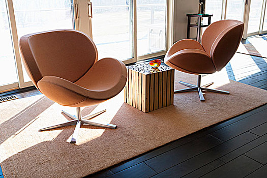 两个,现代,橙色,旋轴,椅子,小地毯,地面