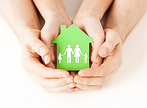 房地产,家,概念,特写,男性,女性,拿着,绿色,纸,房子,家庭