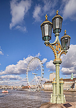 路灯,威斯敏斯特桥,伦敦眼,后面,伦敦,英格兰,英国,欧洲