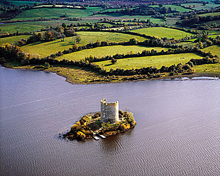城堡,爱尔兰,航拍,湖,13世纪,建造,场所
