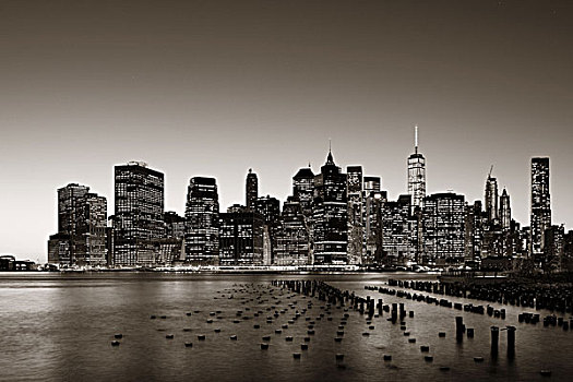 纽约,市区,天际线,码头,残留,黄昏