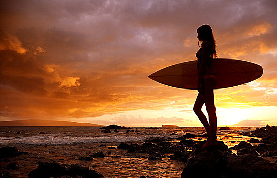 夏威夷,毛伊岛,麦肯那,剪影,冲浪,女孩,日落