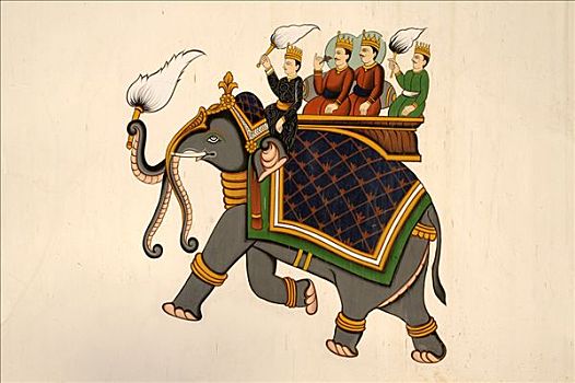 壁画,骑手,装饰,大象,拉贾斯坦邦,北印度,南亚
