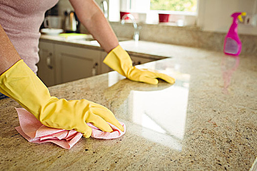 女人,清洁,厨房操作台,布,橡胶手套
