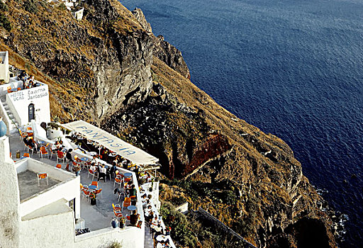 酒馆,悬崖,远眺,海洋,城镇,锡拉岛,基克拉迪群岛,希腊,欧洲