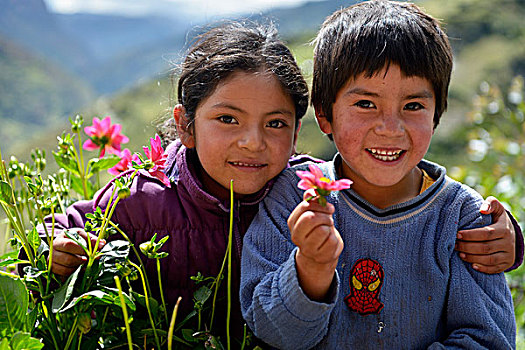 两个孩子,6岁,花,省,秘鲁,南美,图像,条理