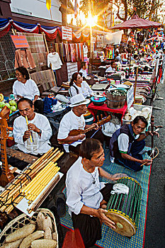 泰国,清迈,步行街,星期日,市场,传统音乐,多