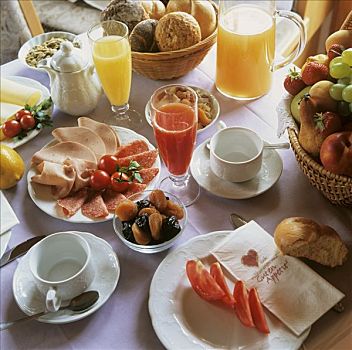 早餐桌,果汁,冷盘,水果