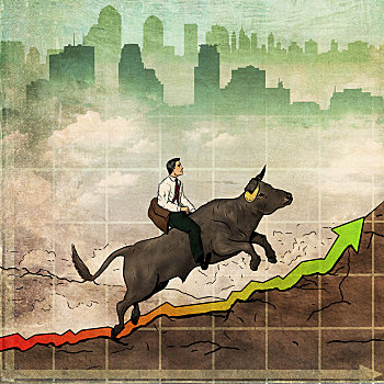插畫,圖像,男人,騎,牛市,利潤,股票市場