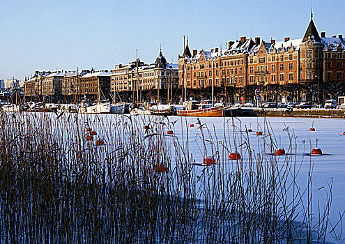 瑞典,斯德哥尔摩,积雪,港口,建筑,码头