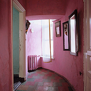 粉色,旧式,走廊,弯曲,墙壁,敞门,时期,公寓