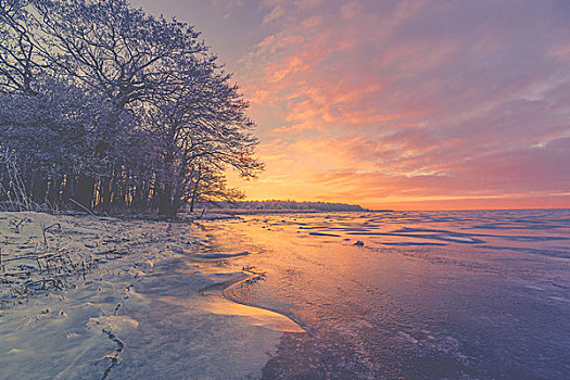 紫色,日出,上方,冰冻,湖,冬天