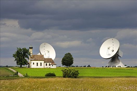 卫星天线,天线,车站,无线电,电视,数据,沟通,小教堂,靠近,地区,巴伐利亚,德国,欧洲