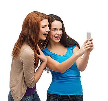 科技,友谊,人,概念,两个,微笑,青少年,智能手机