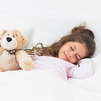 小女孩,床上,睡觉,泰迪熊