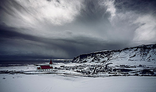 教堂,遥远,积雪,风景,仰视,雷雨天气,冰岛