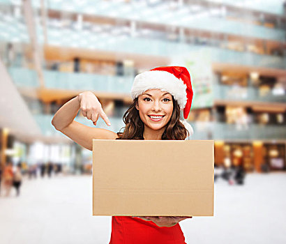 圣诞节,冬天,休假,递送,人,概念,微笑,女人,圣诞老人,帽子,包裹,盒子,上方,购物中心,背景