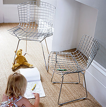 一对,线,椅子,小女孩,绘画,地毯