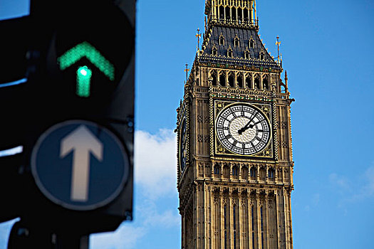 钟楼,绿色,箭头,展示,红绿灯