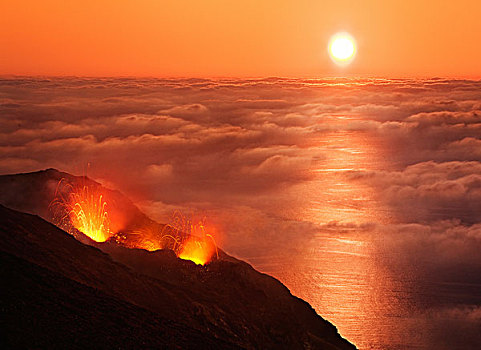 火山,日落,埃奥利群岛,西西里,意大利,欧洲