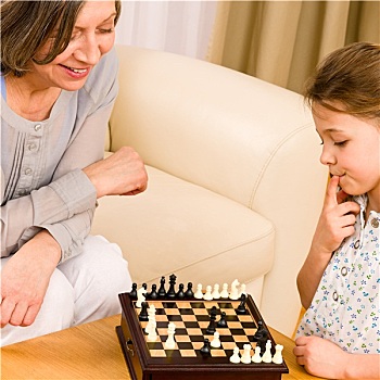 祖母,孙女,玩,下棋,一起