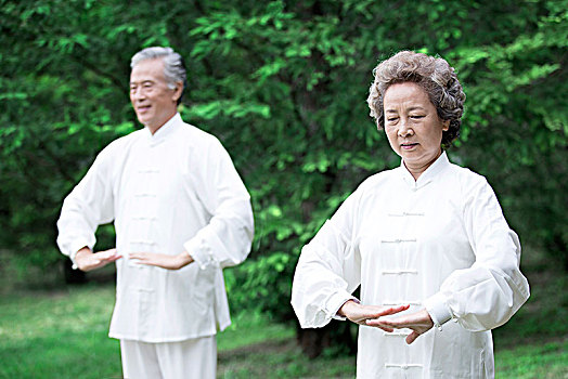 站在草地上练武的老年男女