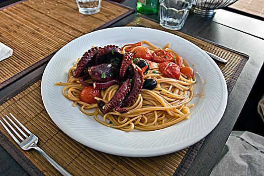海鲜,意大利面,章鱼,小,西红柿,那不勒斯,坎帕尼亚区,意大利