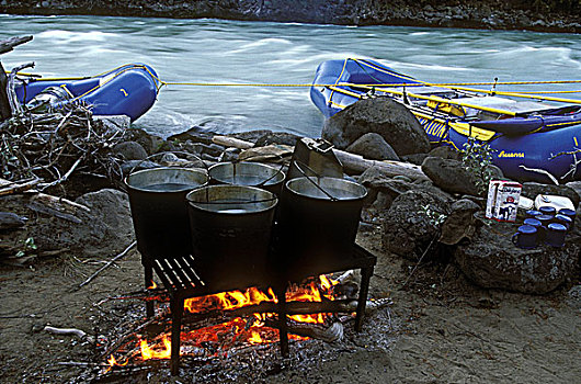营火,筏子,旅游,河,不列颠哥伦比亚省,加拿大