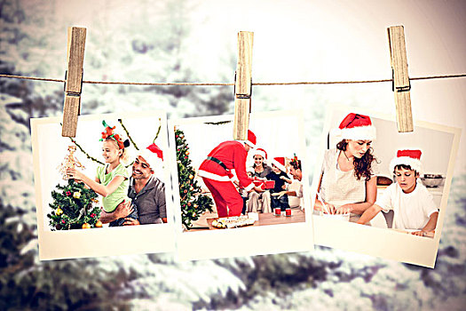 合成效果,图像,可爱,小女孩,装饰,圣诞树,父亲,积雪,树,天空