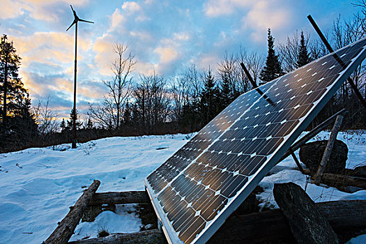 太阳能电池板,风轮机,冬天,安大略省,加拿大