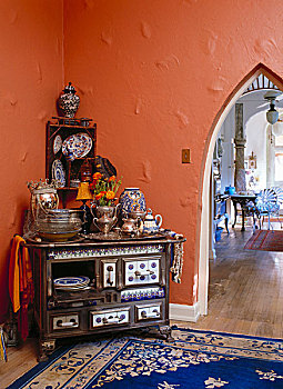木质,炉子,瓷器,柜橱,正面,橙色,墙壁,尖锐,拱形,通道
