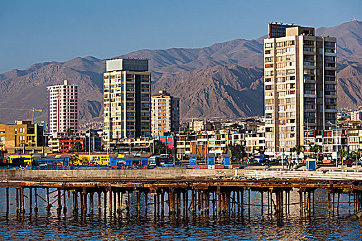 智利,安托法加斯塔,港口,老,码头,日落