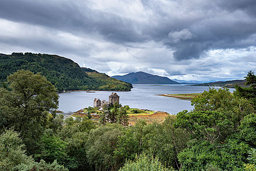 风景,俯视,杜希湖,艾琳多南古堡,多尼,西部,高地,苏格兰,英国,欧洲